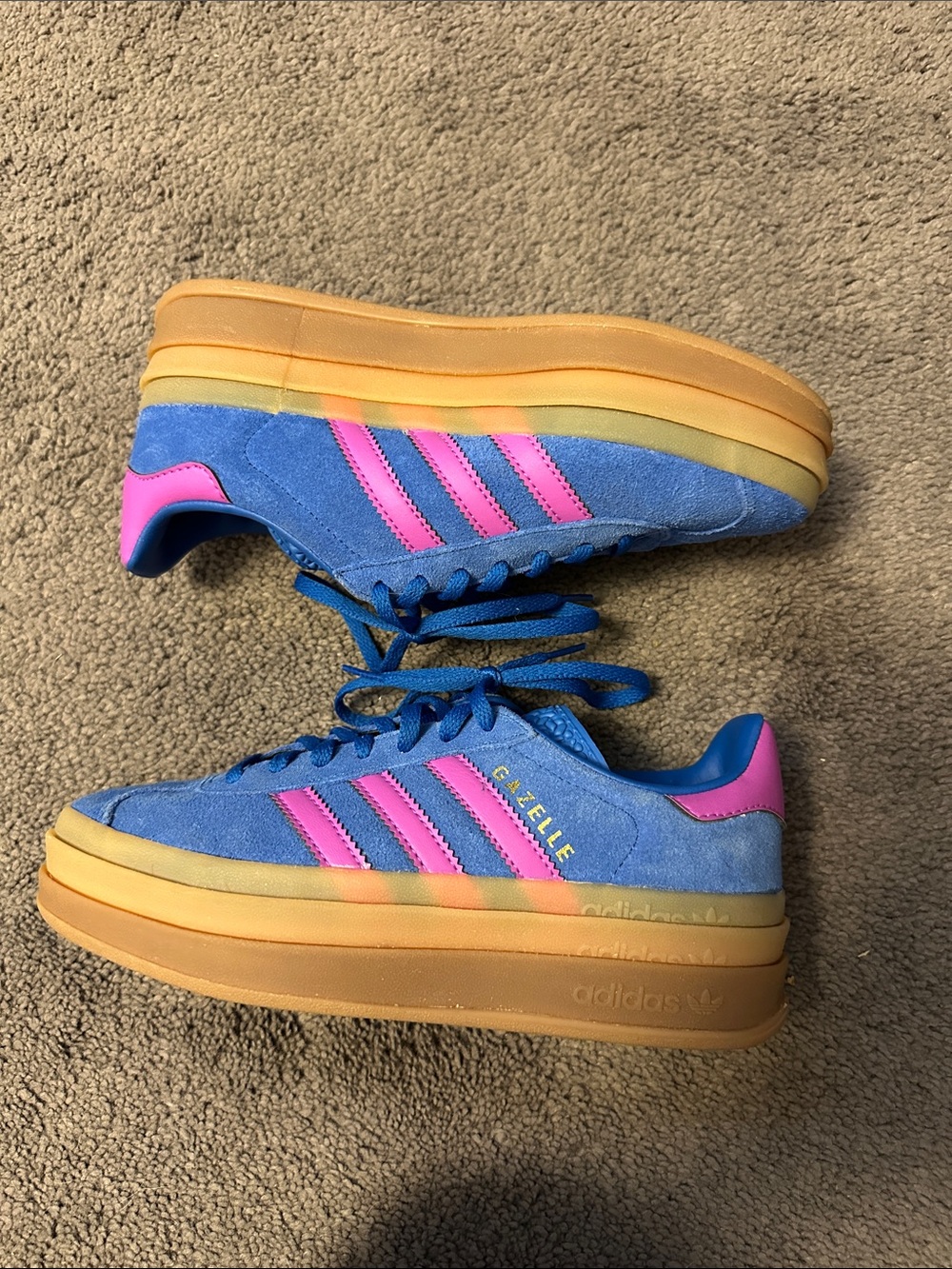 adidas Gazelle Platform Sneakers in Blue with Pink and Tan Accents